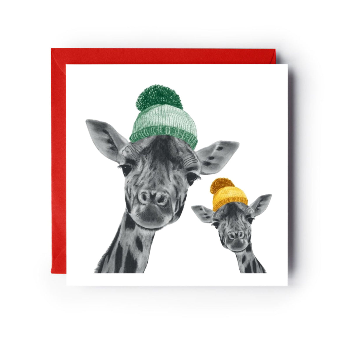 Giraffe and Baby Bobble Hat Greeting Card — card with red envelope