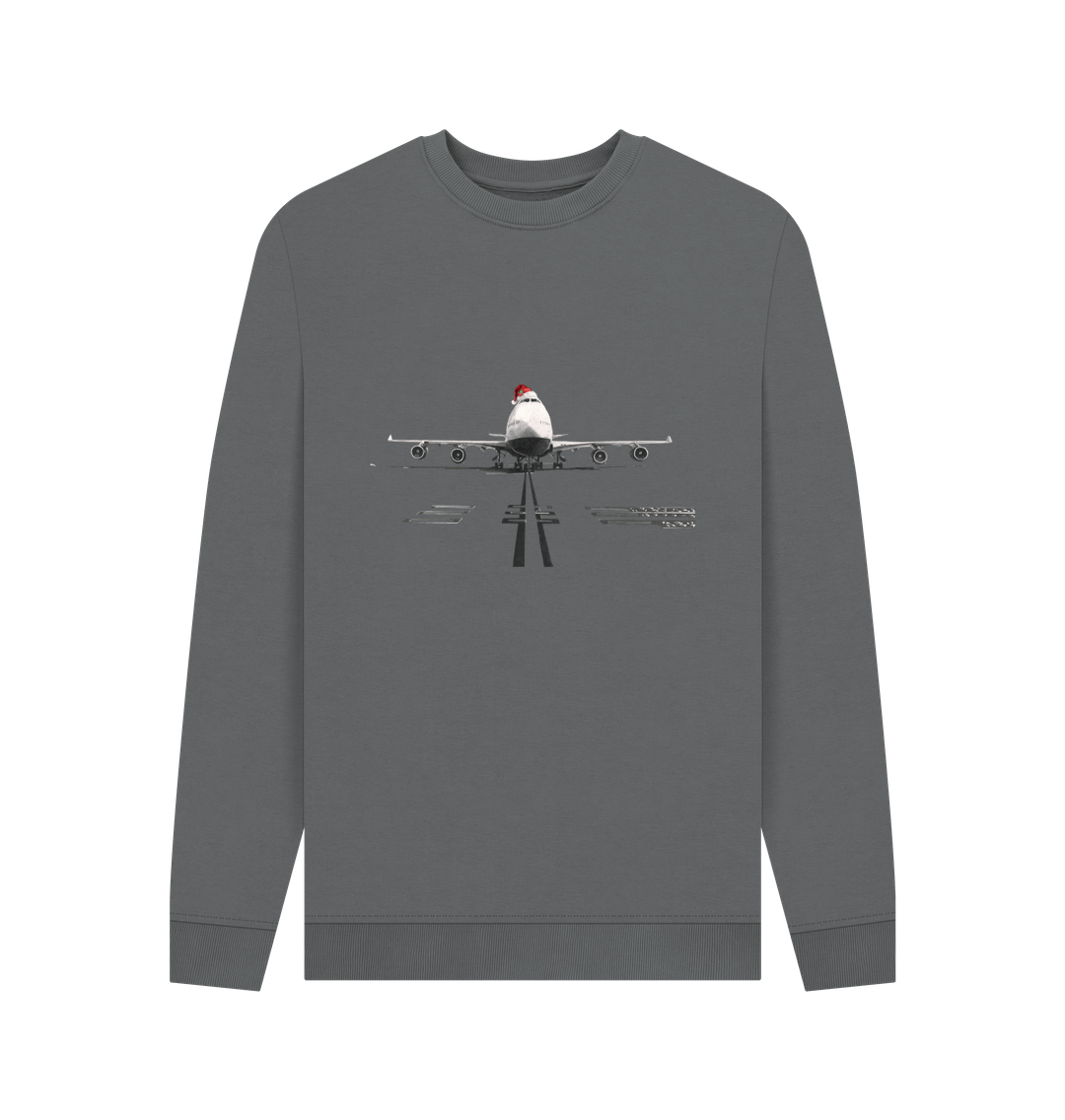 Slate Grey Men's Crew Neck Festive 747 Aircraft Sweater Certified Organic Cotton