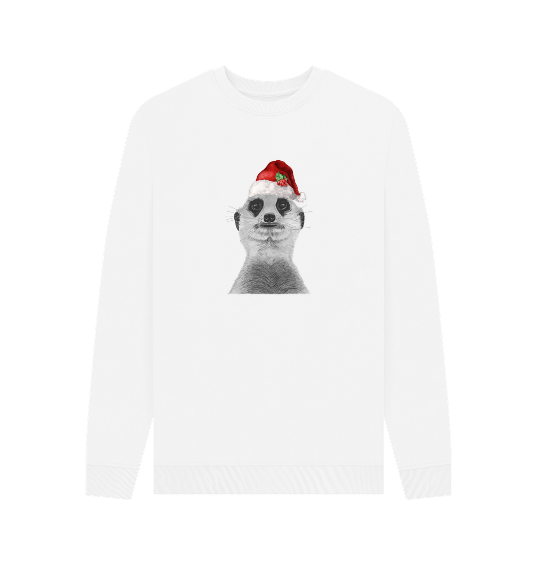 White Men's Festive Meerkat Crew Neck Sweater Certified Organic Cotton