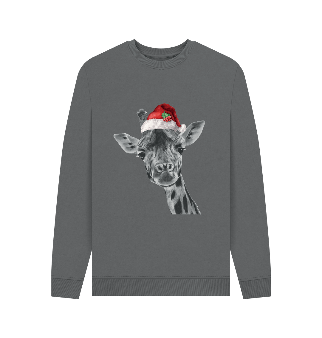 Slate Grey Men's Crew Neck Festive Giraffe Sweater Certified Organic Cotton