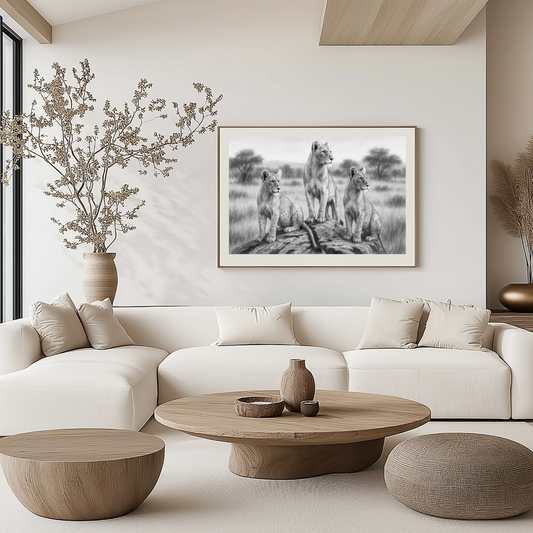 Three Lionesses Drawing | Wildlife Art from Zambia