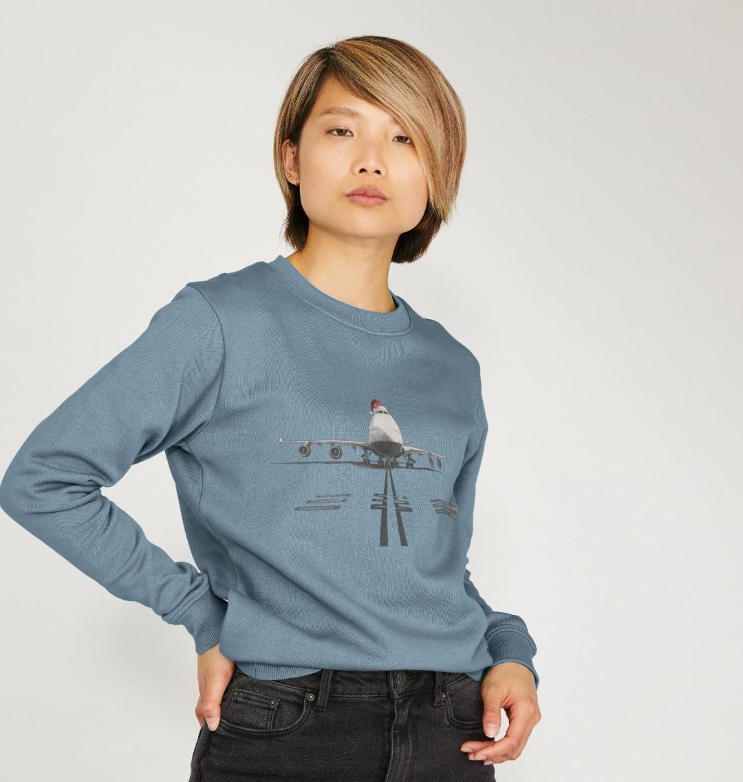 Women's Crew Neck Festive 747 Aircraft Sweater Certified Organic Cotton