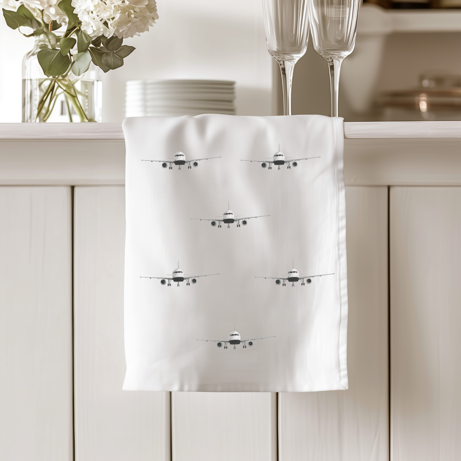 Hand-drawn A320 aircraft design on a tea towel for aviation enthusiasts