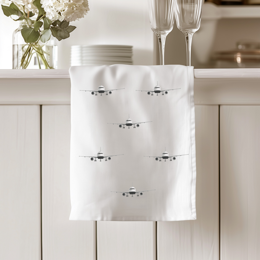 Hand-drawn A320 aircraft design on a tea towel for aviation enthusiasts