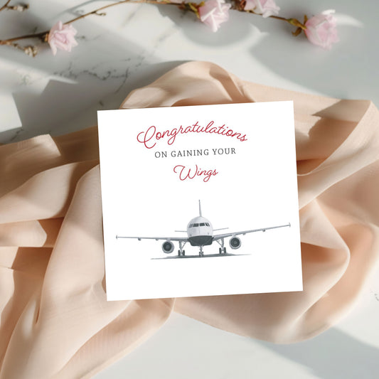 Aviation-themed card featuring an Airbus A320, ideal for new pilots and flight school graduates.

