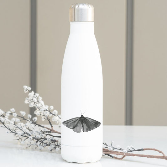 A Cinnabar Moth Water Bottle from Libra Fine Arts.: A sleek stainless steel moth design perfect for inscet lovers. This whimsical flask is a perfect gift for moth enthusiasts, making it an ideal choice for birthday presents or Christmas gifts. The detailed duckling artwork adds a touch of personality to this practical and stylish accessory.
