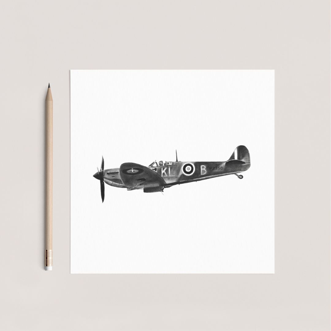 "Hand-drawn Flying Spitfire Greeting Card by Libra Fine Arts, featuring a detailed illustration of the iconic WWII aircraft in flight. A perfect gift for aviation enthusiasts and history lovers.






