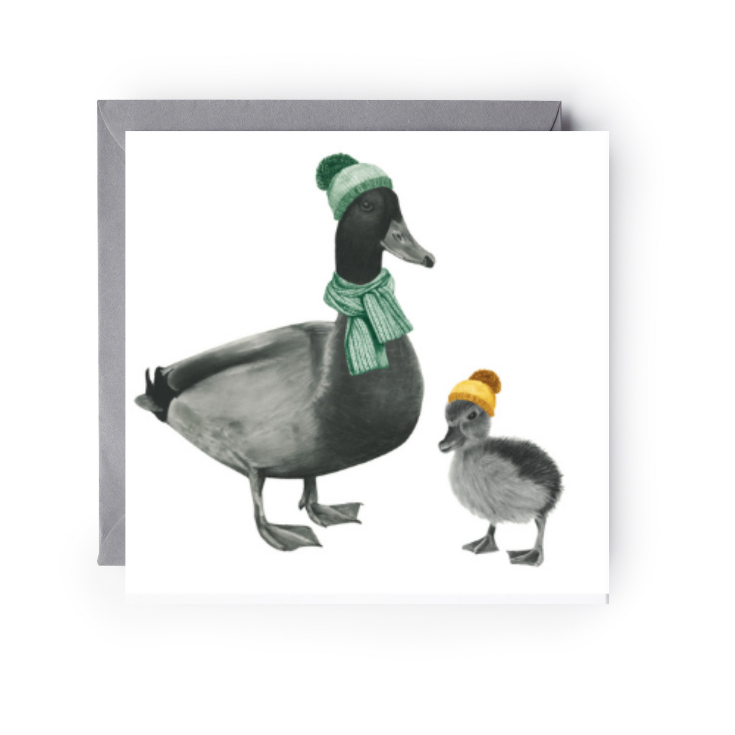 Cute illustration of a duck and duckling bundled up on a cozy winter greeting card.

