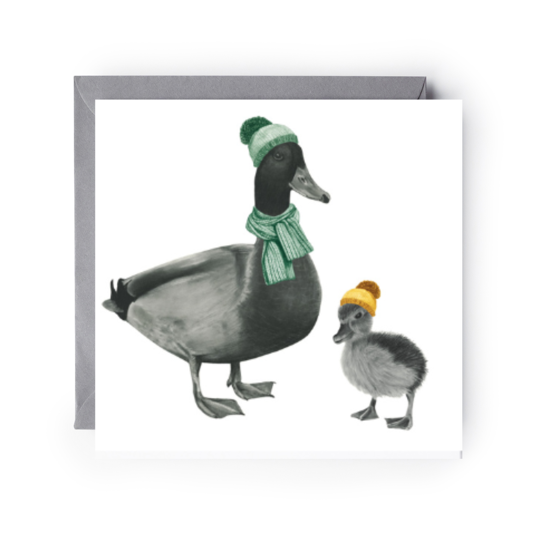 Cute illustration of a duck and duckling bundled up on a cozy winter greeting card.

