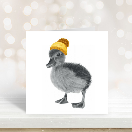 Winter duckling illustration with a bobble hat on a festive greeting card.

