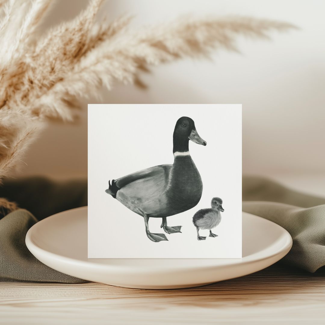 Adorable hand-drawn Rana the Duck and Duckling greeting card, perfect for animal lovers, nature enthusiasts, and any occasion celebrating love and family.
