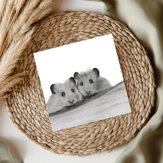 Adorable hand-drawn greeting card featuring two little field mice, perfect for animal lovers, nature enthusiasts, and those seeking a cute, heartfelt card for any occasion.