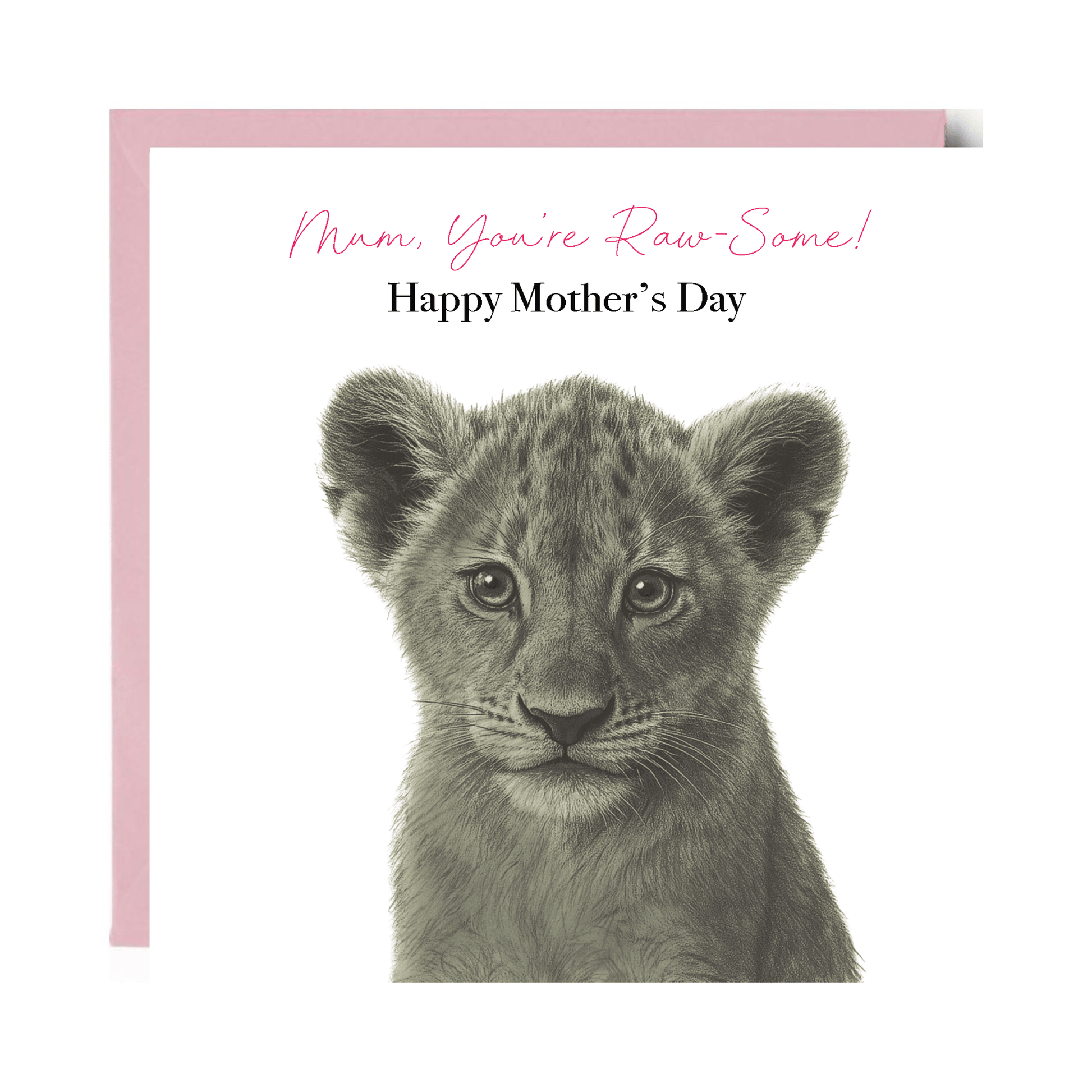 Mother's Day card with a lion cub and text on a white background