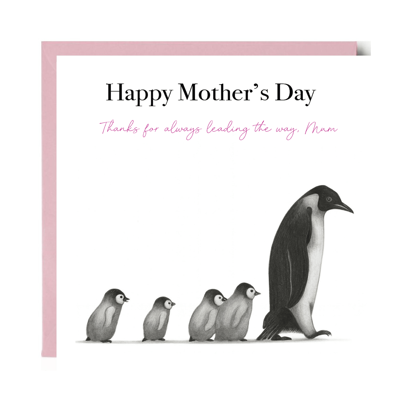 Mother's Day card with penguin family illustration and pink border