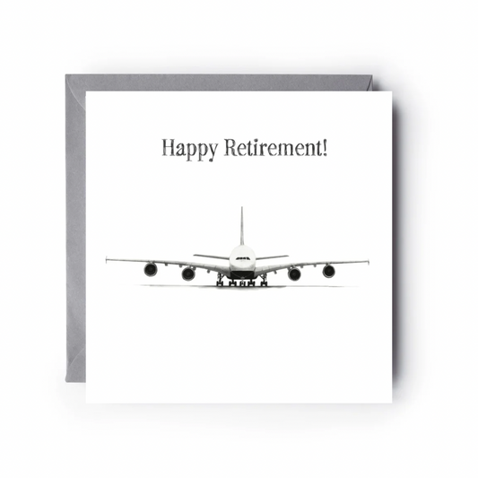 Greeting card with airplane illustration and 'Happy Retirement!' text on a white background