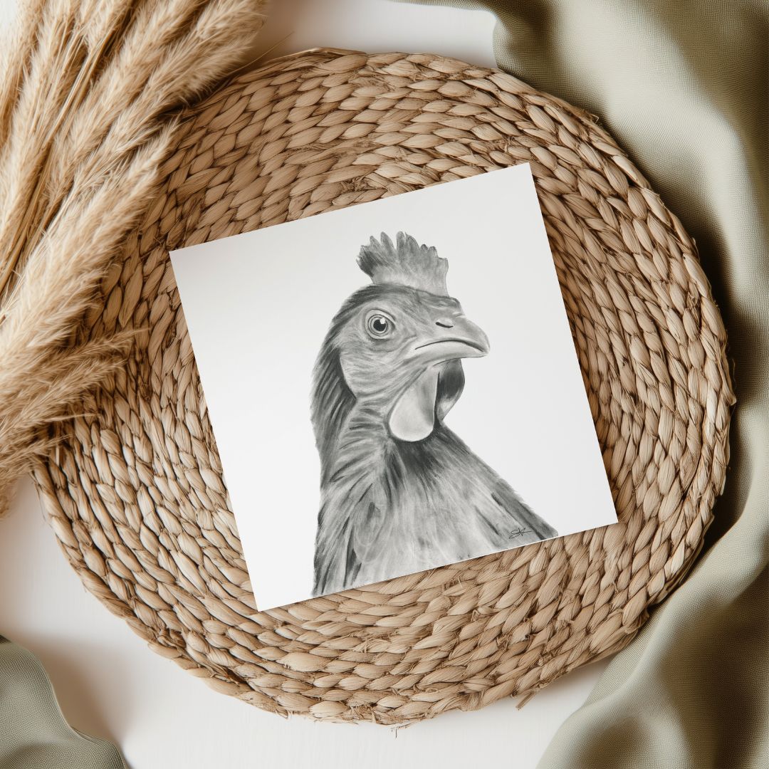 A charming hand-illustrated greeting card featuring Alpha the Cockerel, perfect for sending heartfelt messages to countryside enthusiasts and animal lovers. Printed on high-quality, eco-friendly cardstock, it includes a matching envelope and is left blank inside for your personal message. Available at Libra Fine Arts.