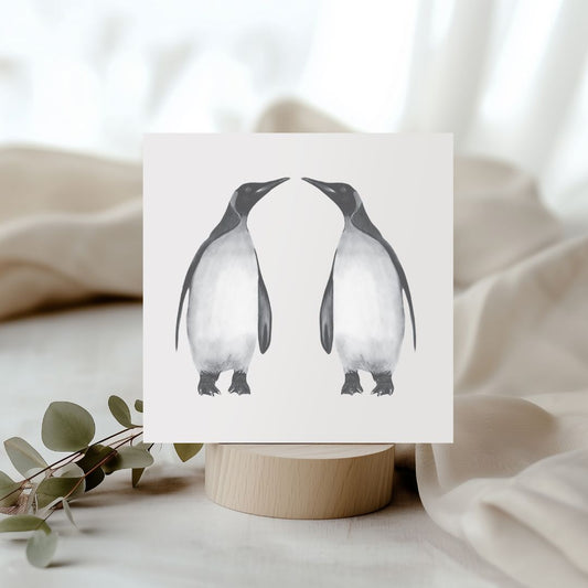 A delightful hand-illustrated greeting card featuring Alya the penguin and her friend, perfect for sending warm wishes to animal lovers and fans of charming wildlife art.

