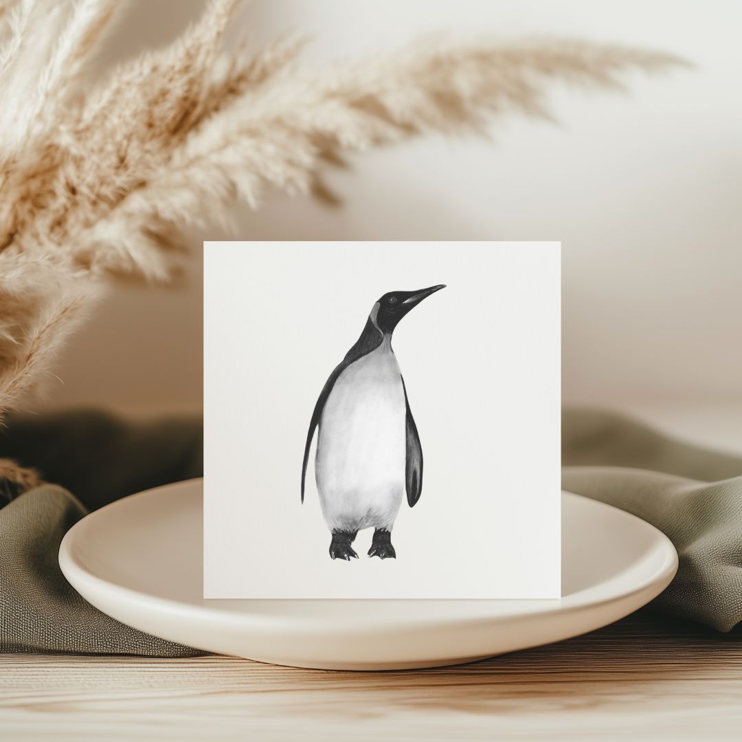 Hand-drawn Alya the Solo Penguin greeting card, featuring a heartwarming winter illustration.