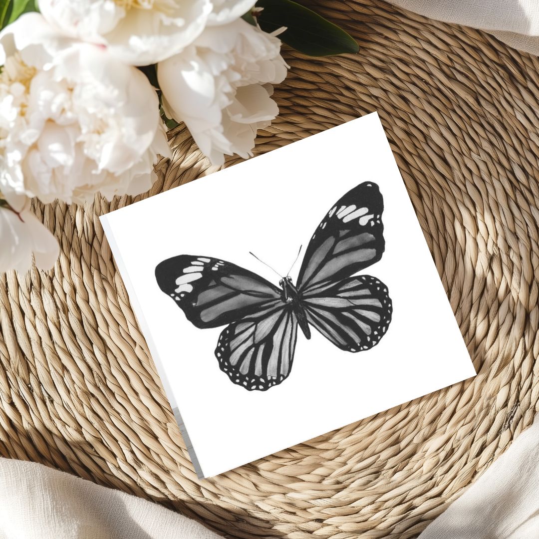 Hand-drawn Antila the Butterfly greeting card, showcasing elegant wildlife art.