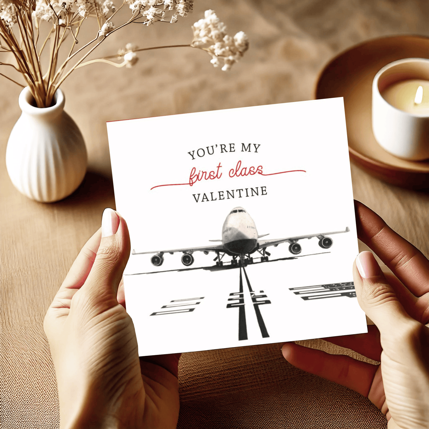 This charming Valentine's Day card showcases a fun aviation theme with the message 'You're My First Class Valentine.' Hand-drawn and perfect for pilots, travellers, and aviation lovers."