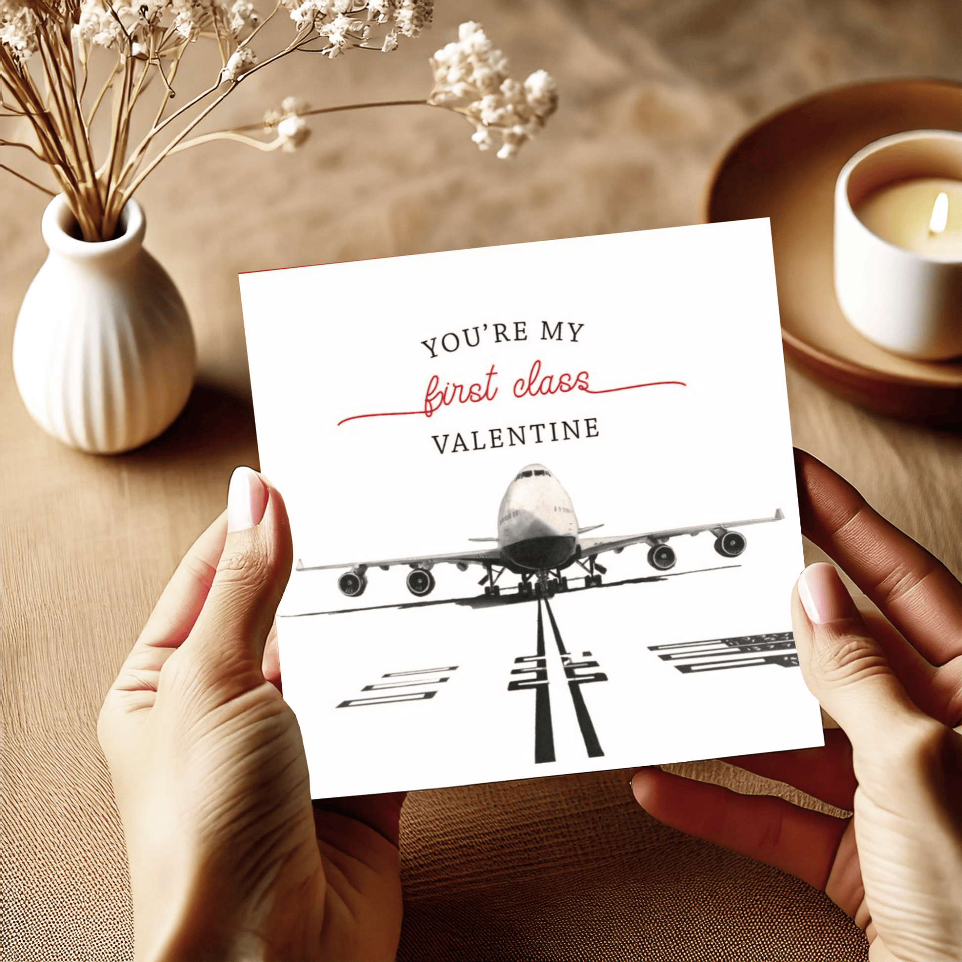 This charming Valentine's Day card showcases a fun aviation theme with the message 'You're My First Class Valentine.' Hand-drawn and perfect for pilots, travellers, and aviation lovers."