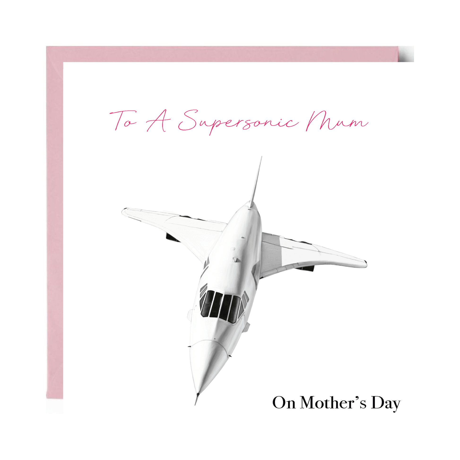 Greeting card with a supersonic aircraft illustration and text 'To A Supersonic Mum On Mother's Day' on a white background.