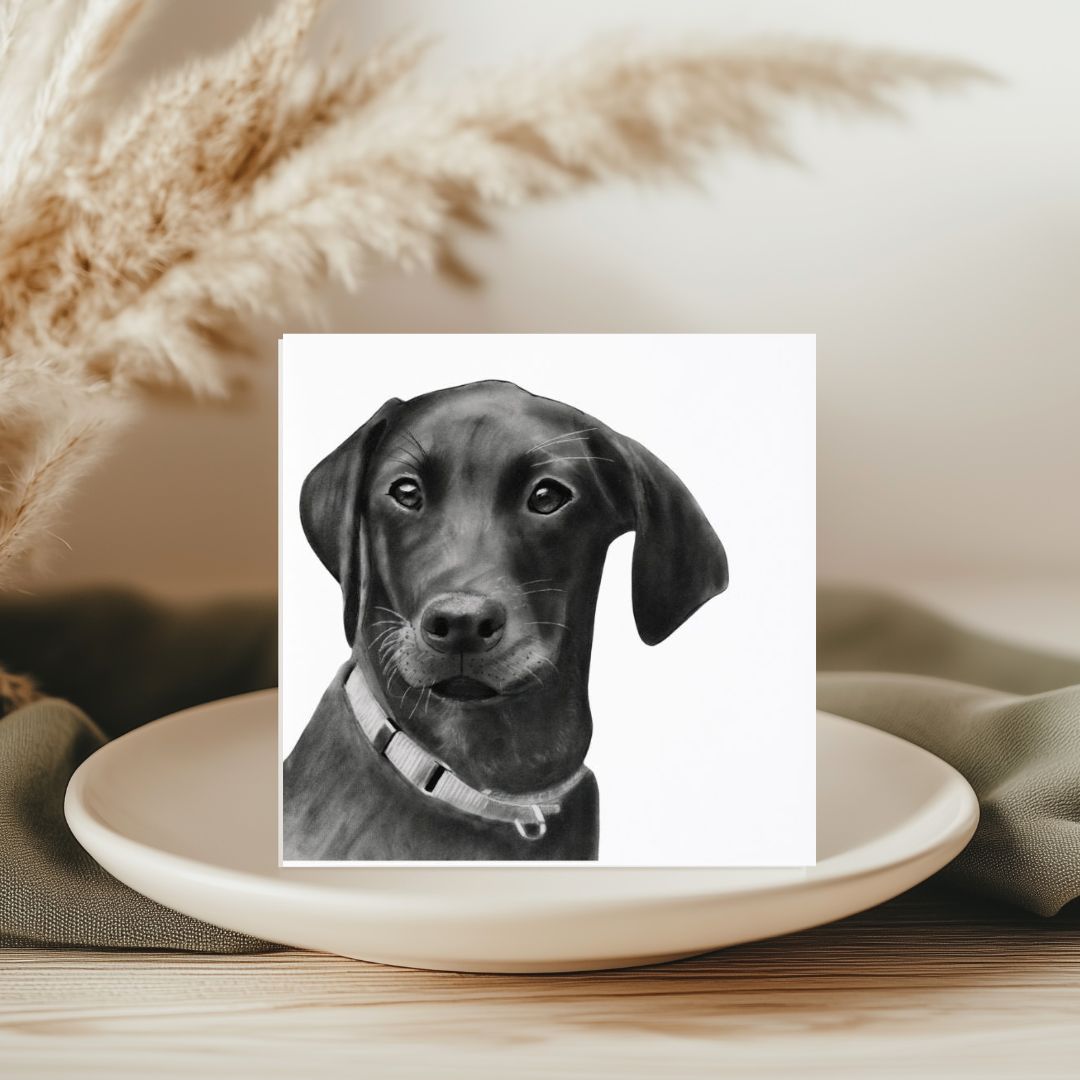 A charming hand-drawn illustration of Avoir the Labrador on this greeting card by Libra Fine Arts. A perfect gift for any Labrador lover