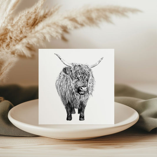  beautifully hand-illustrated greeting card featuring a baby Highland cow, perfect for sending heartfelt messages to nature enthusiasts and animal lovers. Printed on high-quality, eco-friendly cardstock. Available at Libra Fine Arts.​

