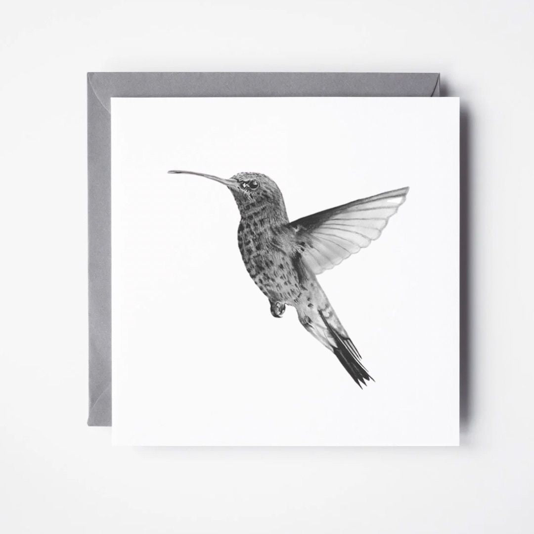 Stunning hand-drawn artwork of Adhara the Hummingbird on a greeting card, ideal for bird and nature enthusiasts.
