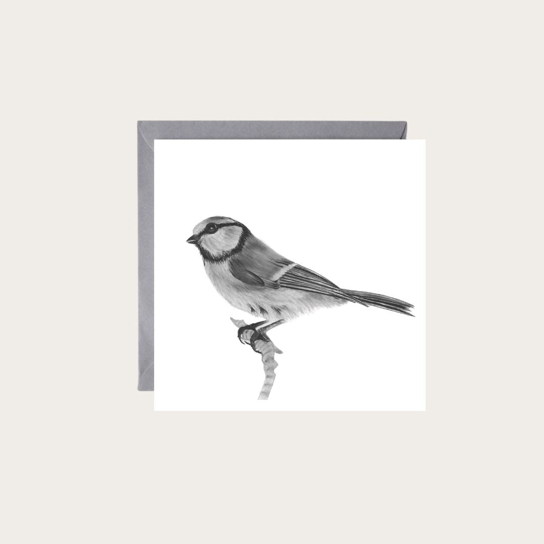 Stunning hand-drawn artwork of Electra the Bluetit on a greeting card, ideal for bird and nature enthusiasts.