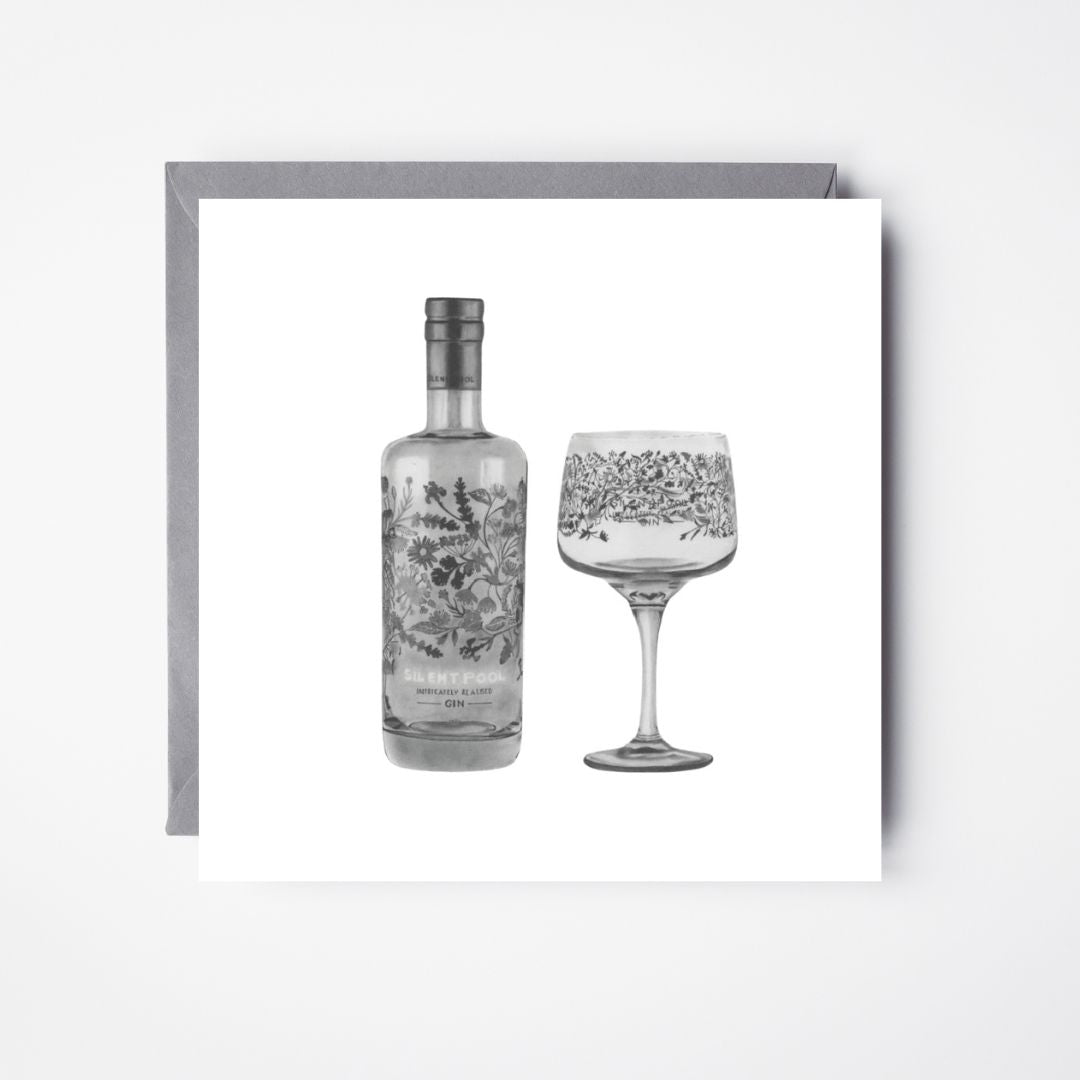 Stylish greeting card with a hand-drawn depiction of Silent Pool Gin, ideal for gin lovers and celebratory events.