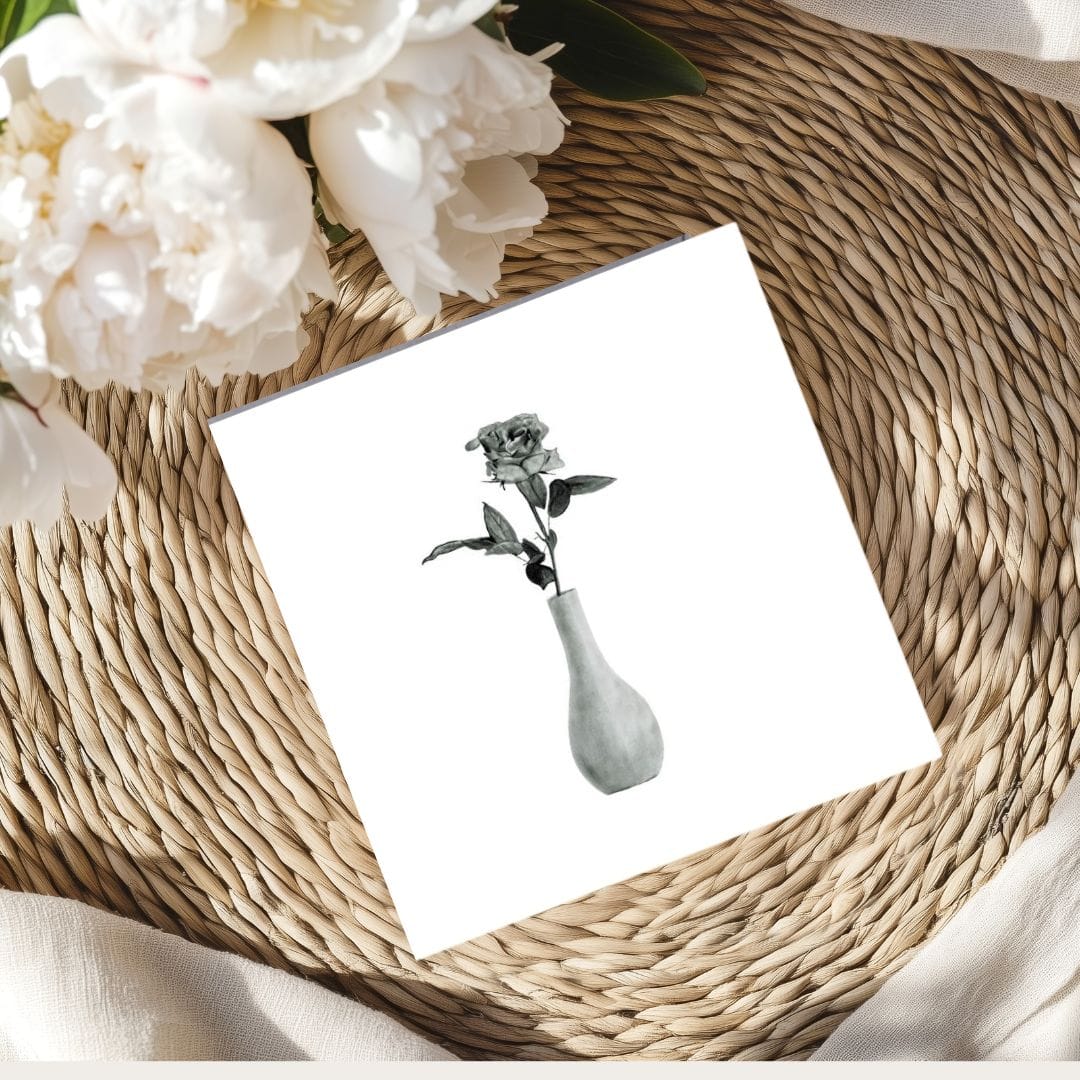 Beautiful hand-drawn rose in a vase greeting card, perfect for floral lovers, special occasions, and sending heartfelt messages of love and appreciation