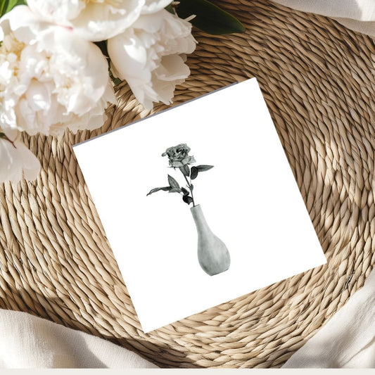 Beautiful hand-drawn rose in a vase greeting card, perfect for floral lovers, special occasions, and sending heartfelt messages of love and appreciation