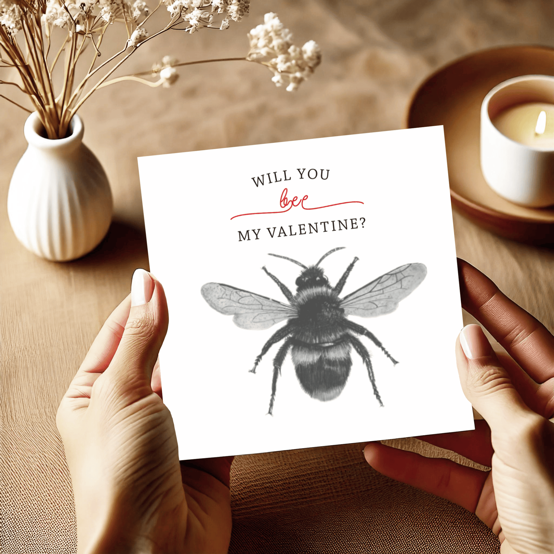 This sweet Valentine’s Day card features a charming hand-drawn bee and the playful message 'Will You Bee My Valentine,' ideal for sending love with a touch of countryside whimsy