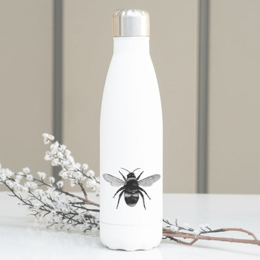Bee Stainless Steel Flask From Libra Fine Arts. A sleek stainless steel bee design perfect for bumblebee and animal lovers and those who love the countryside. This whimsical flask is a perfect gift for highland cow  enthusiasts, making it an ideal choice for birthday presents or Christmas gifts. The detailed bee art work adds a touch of personality to this practical and stylish accessory.
