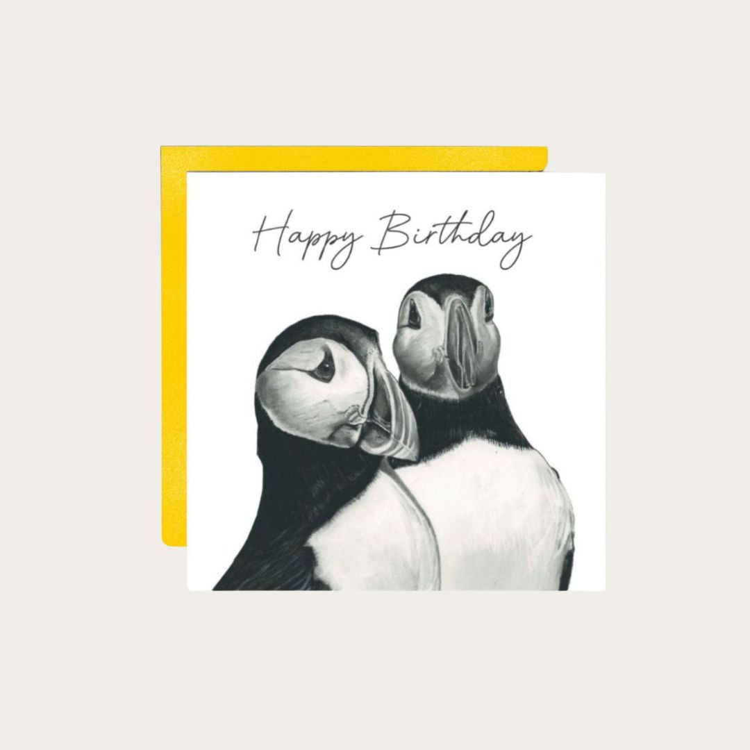 Birthday Puffins Card – A hand-drawn design featuring adorable puffins celebrating a special day.
