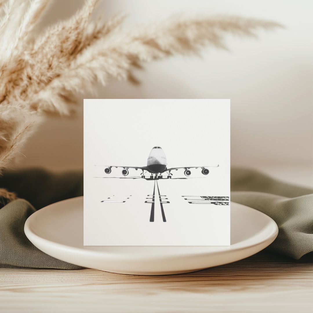 Hand-drawn illustration of a Boeing 747-400 on a greeting card, showcasing intricate aircraft details.