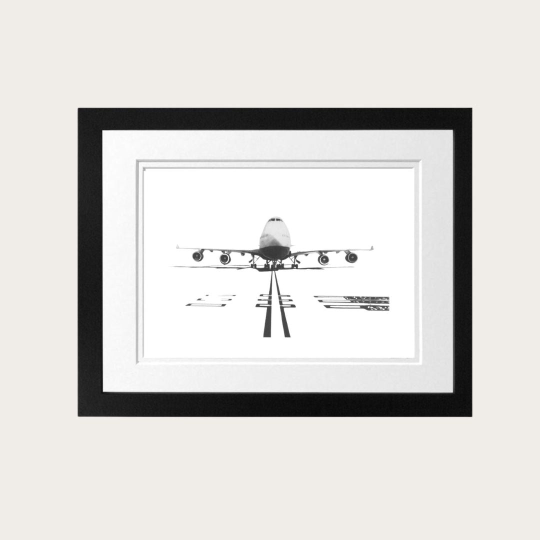 An intricately hand-drawn print of the Boeing 747, elegantly framed in black, capturing the essence of this iconic aircraft. Ideal for aviation enthusiasts and collectors.