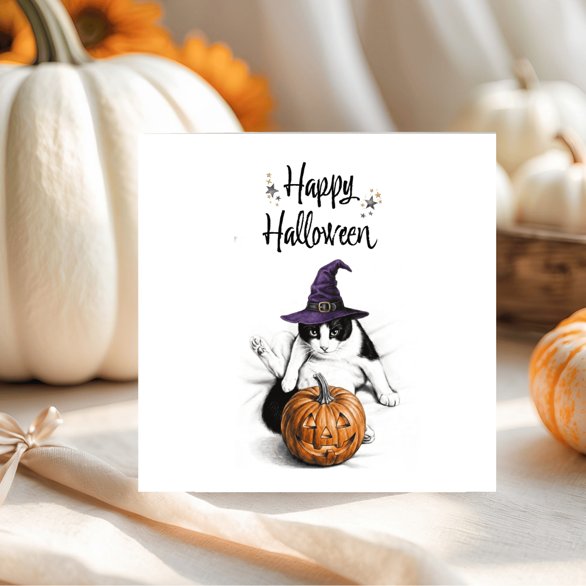 Cute Halloween Witches Cat Greeting Card | Spooky Witchy Halloween Card