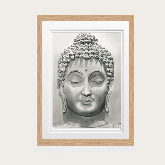 Hand-drawn Buddha illustration in tranquil pose, presented as a fine art print with oak framing.