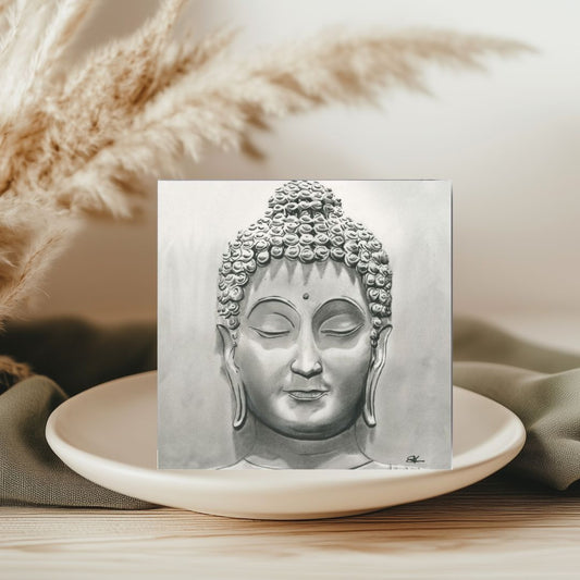 A serene greeting card featuring a hand-drawn illustration of Buddha, perfect for conveying peace and mindfulness. Printed on high-quality, eco-friendly cardstock, it includes a matching envelope and is left blank inside for your personal message. Designed and printed in the UK. Available at Libra Fine Arts.