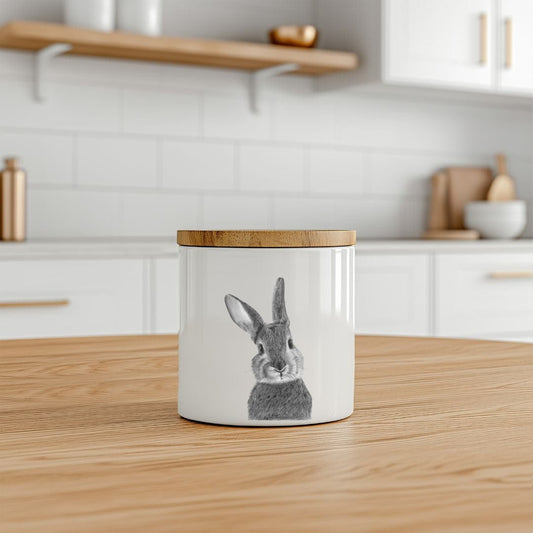 Bone china storage jar featuring a sweet hand-drawn bunny illustration, perfect for storing tea, coffee, sugar, or biscuits in your kitchen.