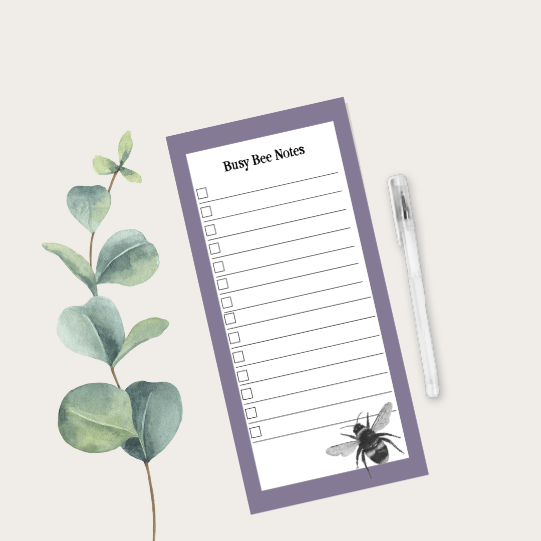A practical list pad featuring the phrase Busy Bee Notes with a hand-drawn bee design, perfect for jotting down reminders, shopping lists, and to-do notes.