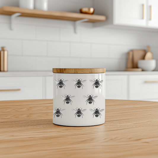 Bone china storage jar featuring hand-drawn busy bees buzzing across the surface, perfect for storing tea, coffee, sugar, or biscuits.
