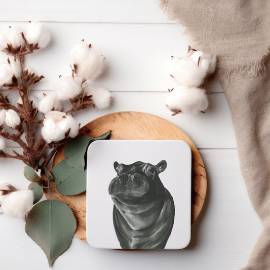 Hand-drawn Carina the Hippo Drinks Coaster by Libra Fine Arts, featuring a detailed black and white illustration of a hippo. A stylish and practical gift for wildlife lovers.