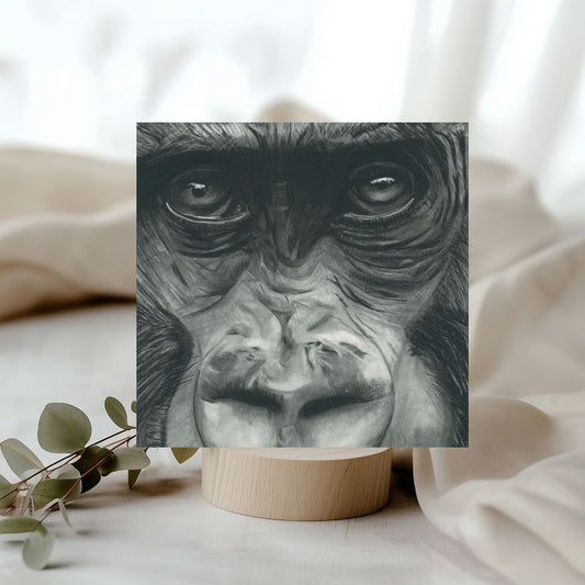 A stunning greeting card featuring a meticulously hand-drawn illustration of Cassuis the Gorilla, capturing the strength and wisdom of this majestic animal. Printed on high-quality, eco-friendly cardstock, it includes a matching envelope and is left blank inside for your personal message. Available at Libra Fine Arts