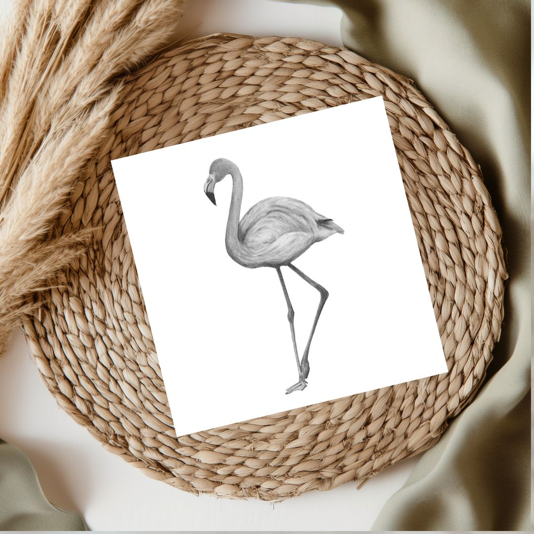 Hand-drawn illustration of Celeste the Flamingo on a greeting card, featuring elegant and whimsical design elements.