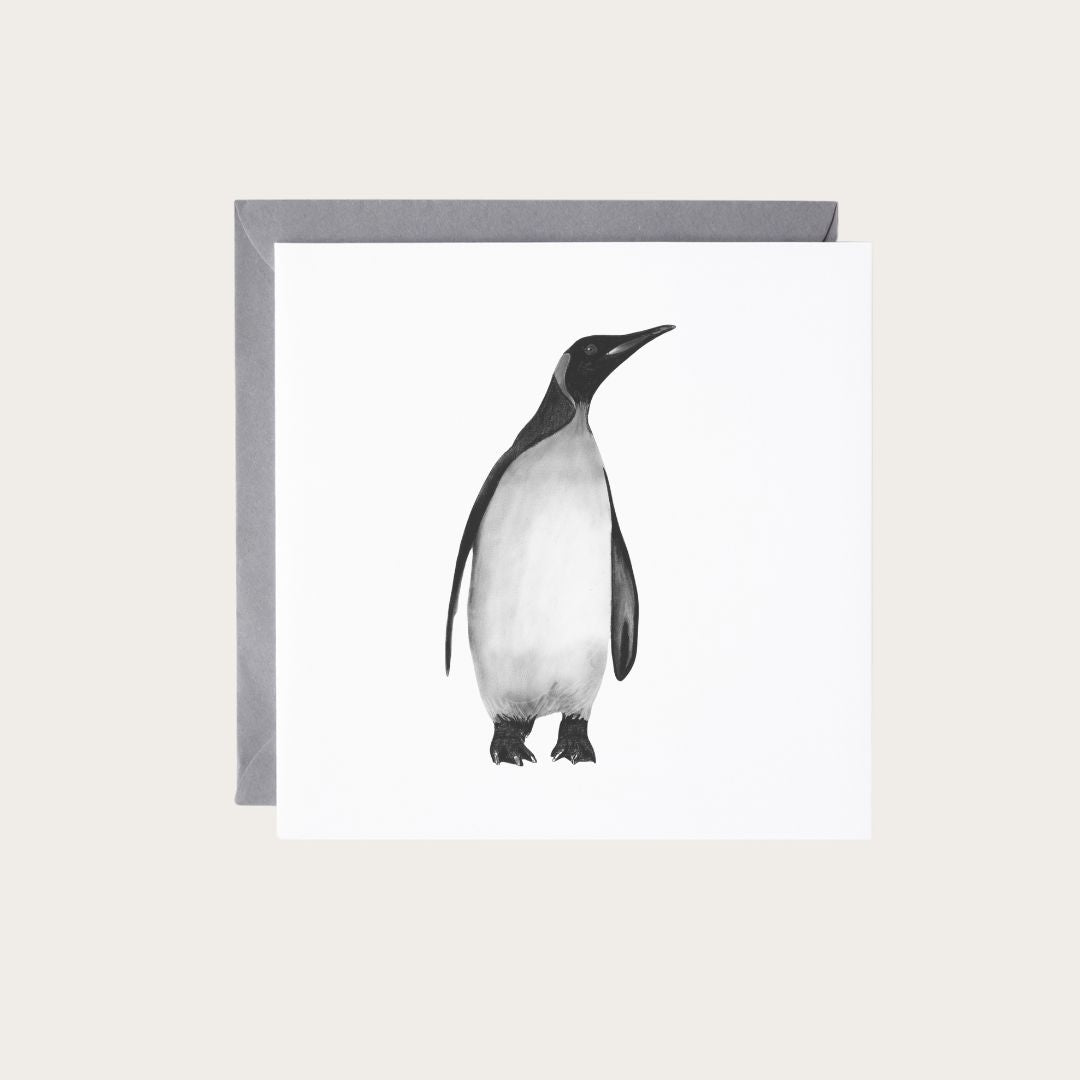 Adorable winter artwork of Alya the Solo Penguin on a hand-drawn greeting card, perfect for seasonal celebrations.