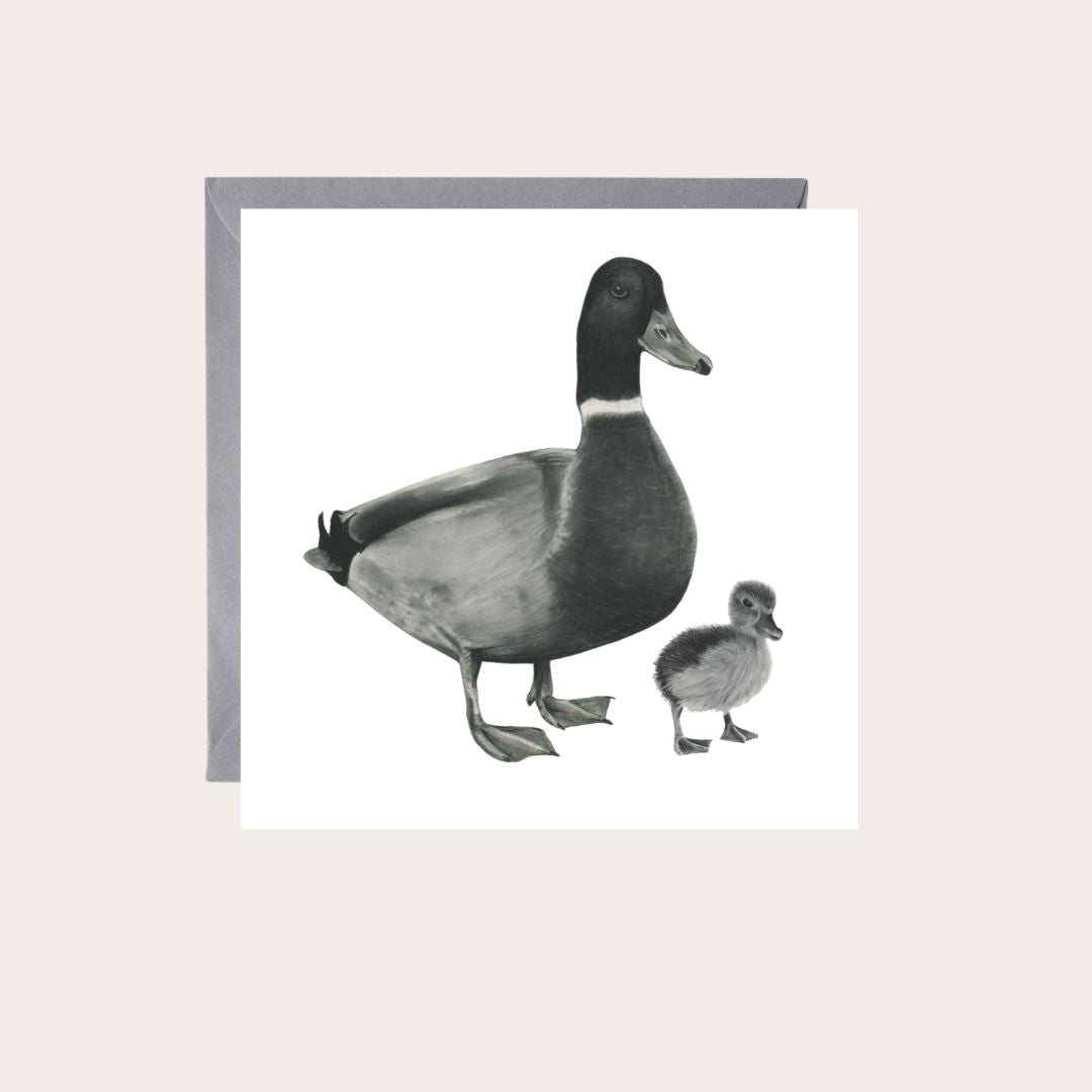 Charming Rana the Duck and Duckling illustration on a greeting card, ideal for animal lovers, family occasions, and those who adore wildlife