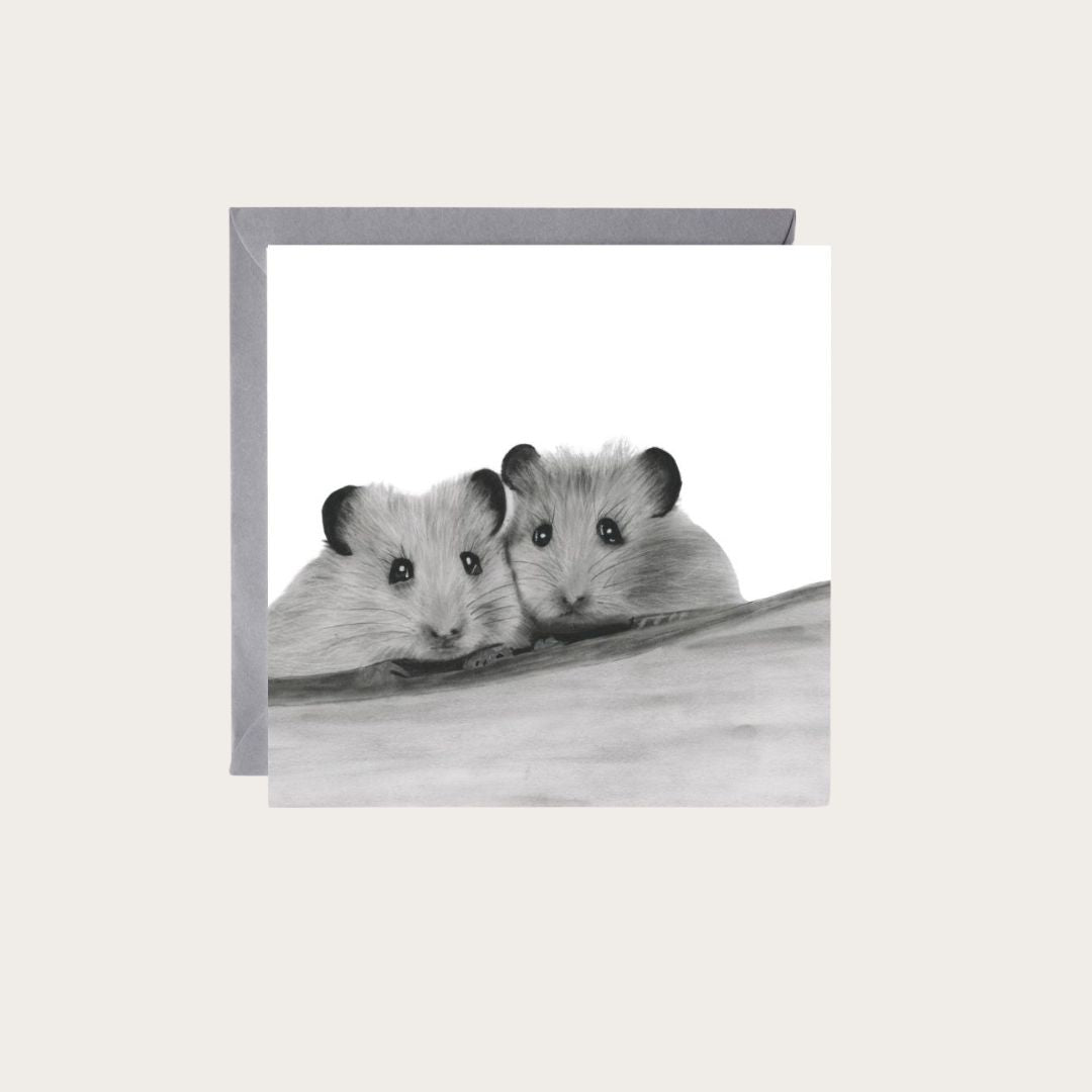 Charming hand-drawn two little field mice greeting card, ideal for animal lovers, nature fans, and special occasions that celebrate the cuteness of wildlife.